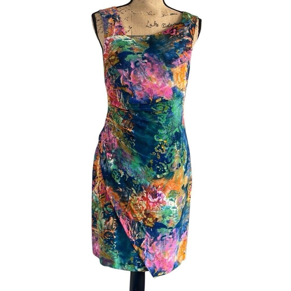 EUC Suzi Chin for Maggy Boutique Multicolor Abstract Tank Side Ruched Dress - Si